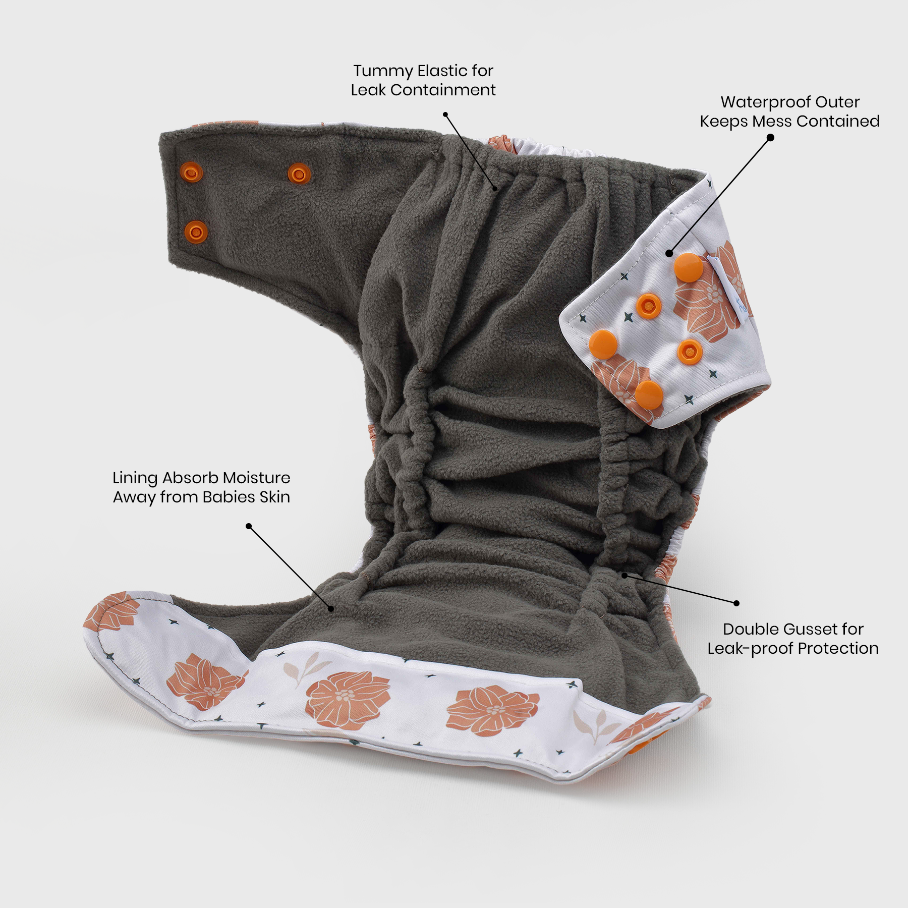 Rustic Rose Grey Polar Fleece Reusable Diaper